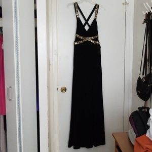 RELIST Black gold beaded open back Dress NWT